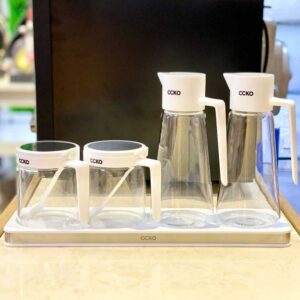 Bộ đựng gia vị CCKO thủy tinh cao cấp 2 lọ gia vị + 2 chai dầu dấm + 1 đế đựng màu trắng
